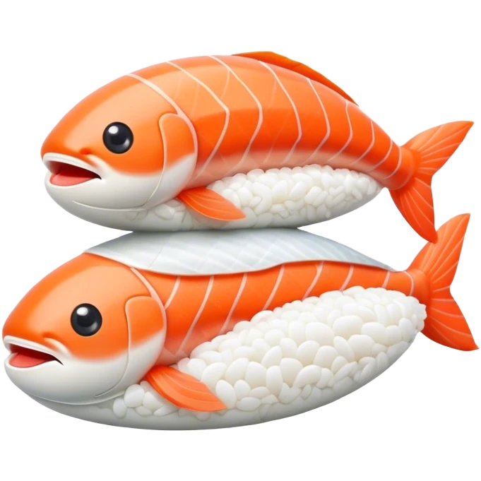 Cute Kawaii Nigiri Sushi, plump and happy, a soft white rice pillow topped with bright orange salmon, tiny blushing cheeks, big round eyes, a joyful floating expression! emoji