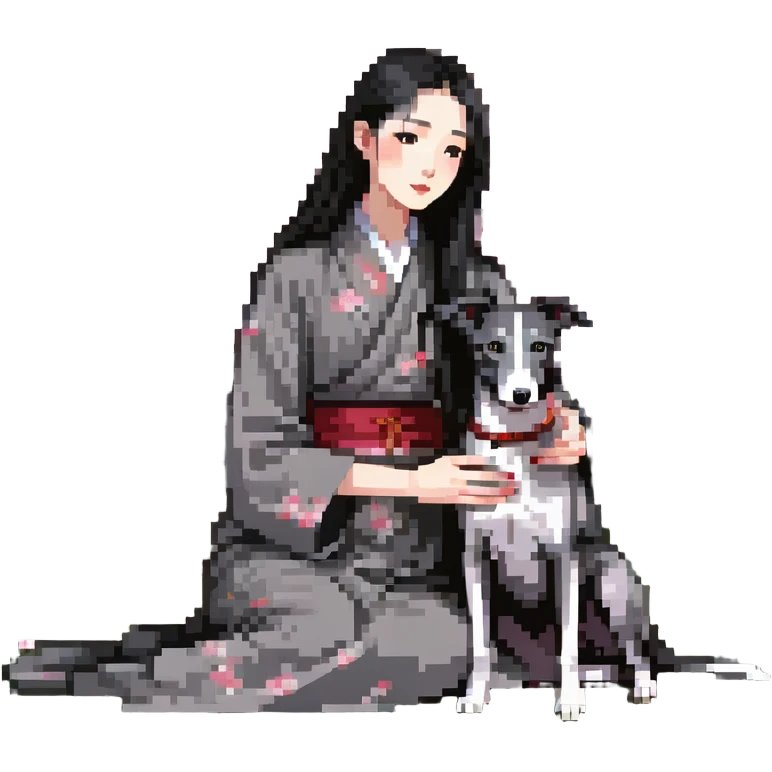 A very beautiful and attractive 25-year-old Chinese woman with long flowing black hair and a pure solid dark grey whippet with ABSOLUTELY NO white markings anywhere on its body sitting under a cherry blossom tree. The whippet must be completely solid dark grey with no white on chest, no white on muzzle, no white on paws - entirely one solid dark grey color. emoji