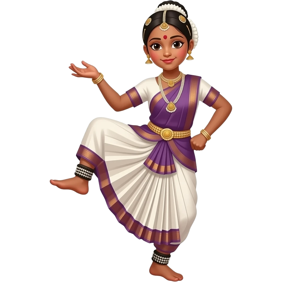 Light brown skin girl in a bharatnataym dress with her leg lifted up emoji