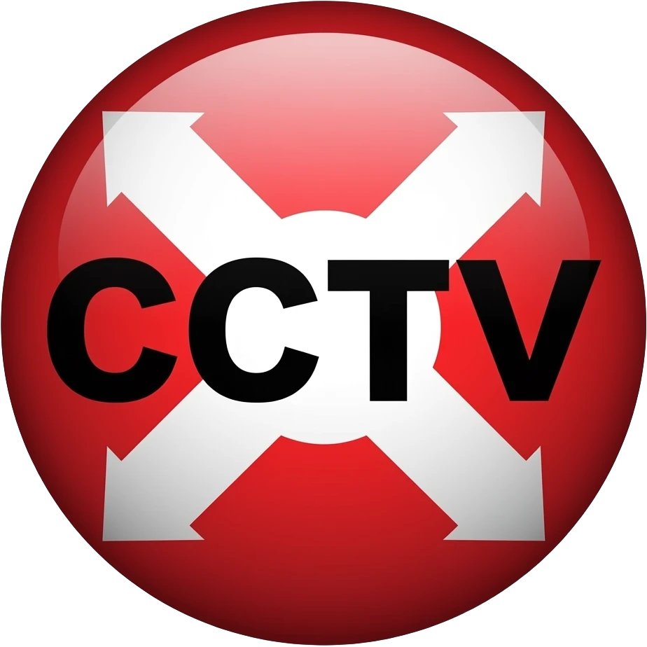Red filled circle with white X and arrow on all end points on the X white circle in the middle. Big bold CCTV word in the centre in black emoji