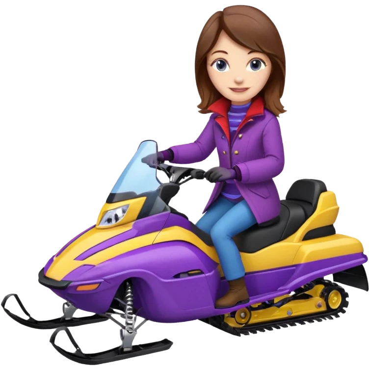 Brown hair, very blue eyes, Woman wearing red coat  on purple and yellow striped snowmobile emoji