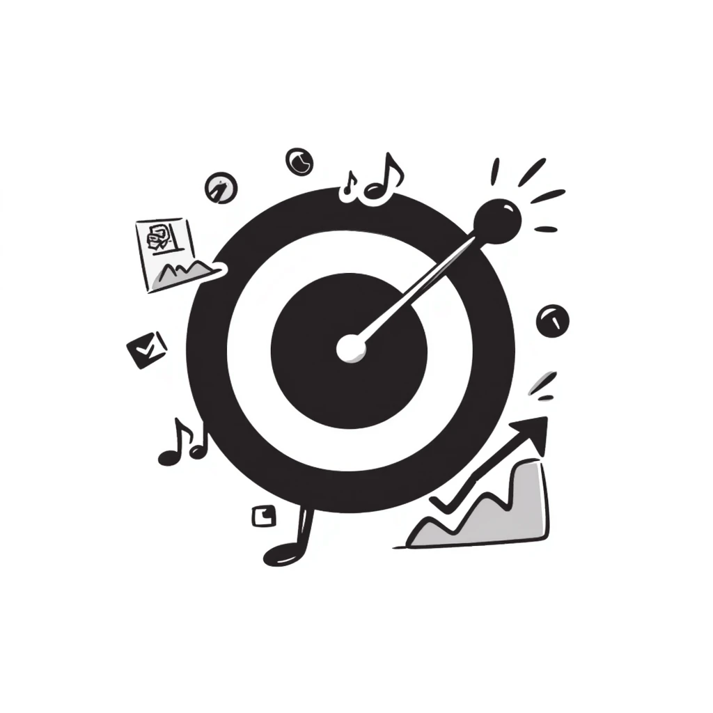 symmetrical target with musical marketing elements such as musical notes, speakers, growth charts, doodle style, square emoji format, suitable for online course cover emoji