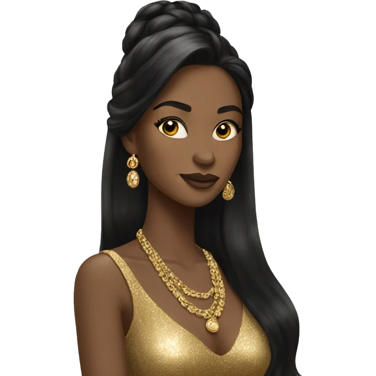 woman with black long hair in gold sparkle dress with gold jewelry emoji