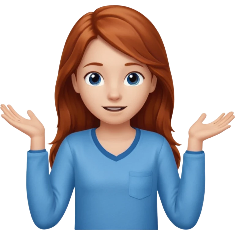 shrugging happy emoji tween long auburn hair light blue shirt with a darker blue L emoji