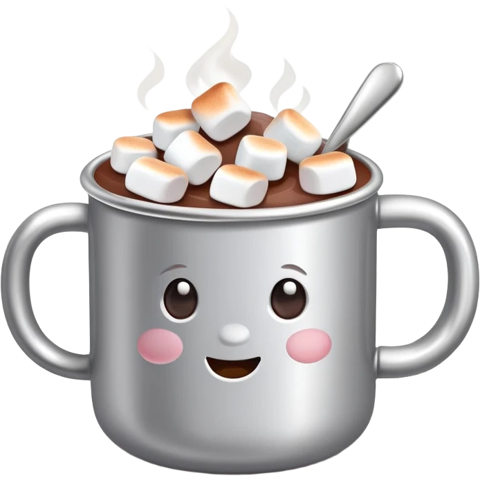 hot chocolate in a silver colored mug with marshmallows  emoji