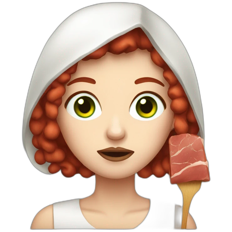 vegan woman white skin red hair green eyes disgusted holding meat emoji