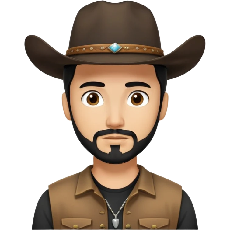 Cowboy with a man bun, black hair, cowboy hat brown eyes, tan skin and light black goatee black t shirt  emoji