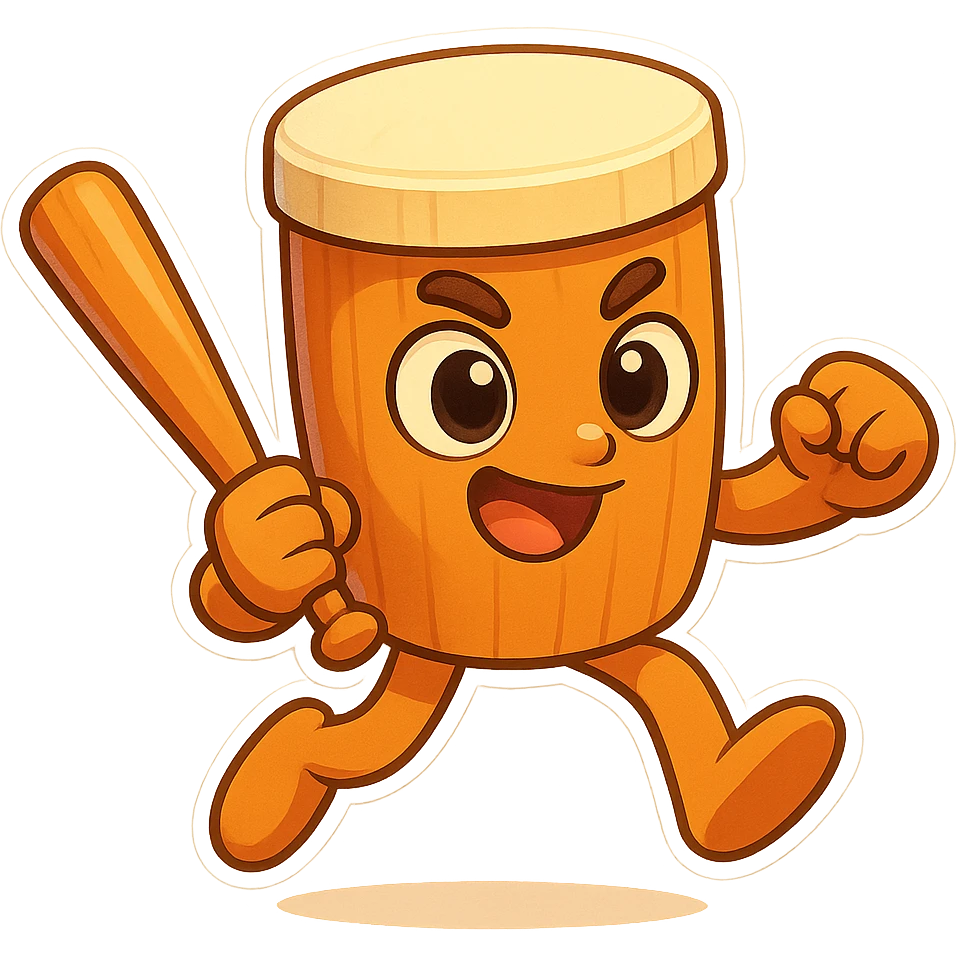 square image of absurd wooden stick-man creature, drum-like cylindrical body, holding baseball bat, cartoon style, bright vivid colors, dynamic pose,  emoji