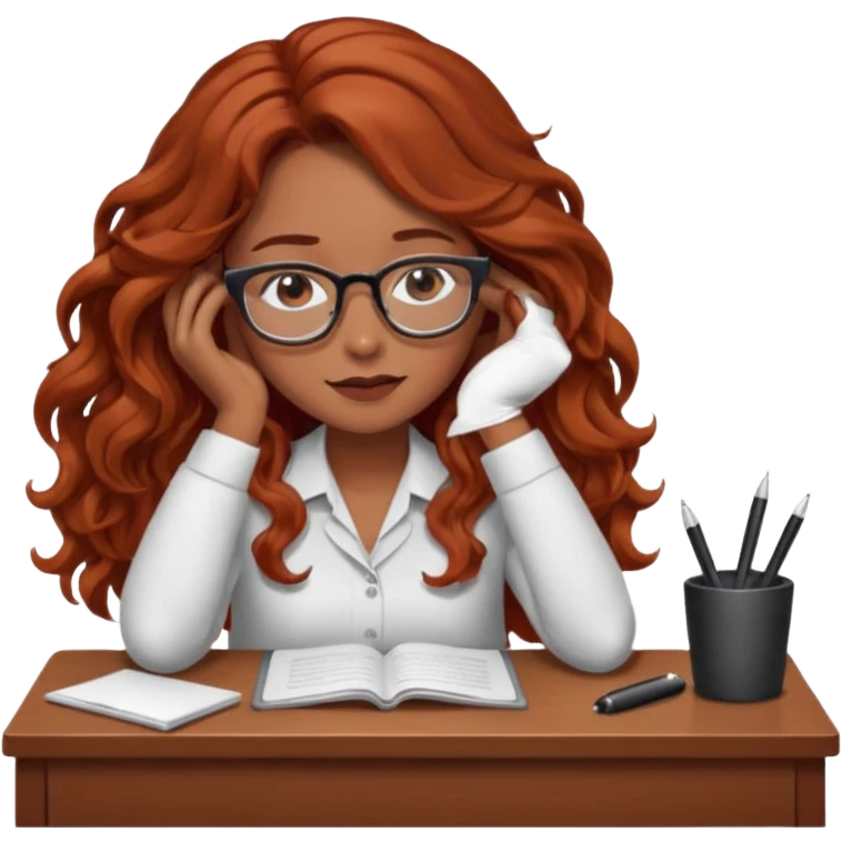 Pretty brown model, brown eyes, soft long red wavy hair, falling asleep at desk emoji