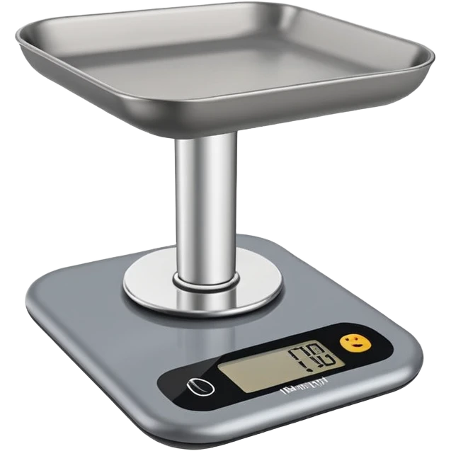 iOS-style 3D emoji: a small digital kitchen scale with a flat platform and an LCD screen displaying 0 g. emoji