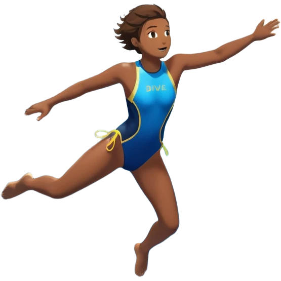 A diver mid-air, plunging from a high cliff into the sparkling ocean below. The background features rugged cliffs, clear blue water, and a bright sky, emphasizing the excitement and danger of the sport with a sense of freedom and adventure. emoji