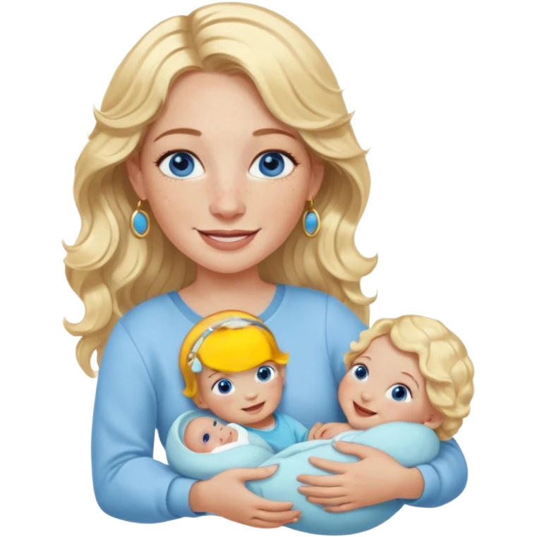 Wavy blonde, white woman with blue eyes, freckles hoop earrings, holding babies smiling and really cute in gold hoops she needs to be holding three newborns, and she needs to be more cute than pretty emoji