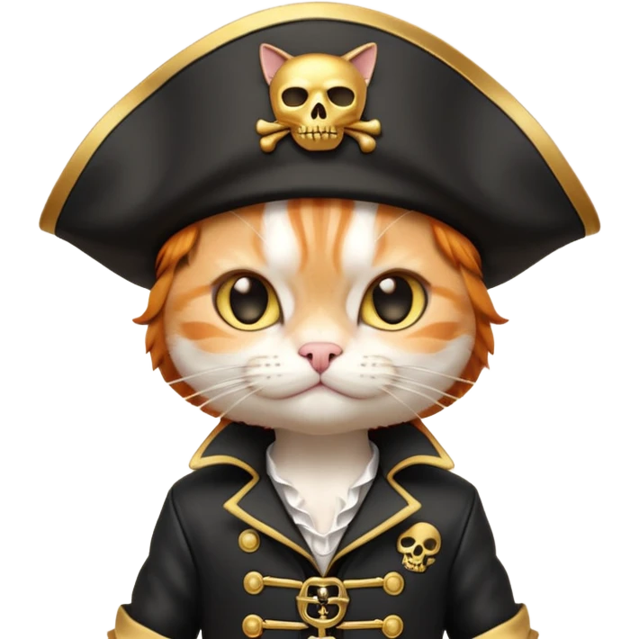 Premium 3D emoji icon of a cute ginger cat pirate, wearing a **pristine white** satin pirate hat with a gold skull icon, and a black and gold captain's jacket. Glossy finish, claymorphism style, soft studio lighting, isolated on white background, 8k resolution, stylized professional look --v 6.0 emoji