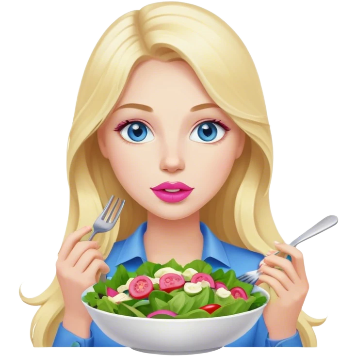 Cinematic realistic blonde with long hair, blue eyes and pink lips eats salad emoji