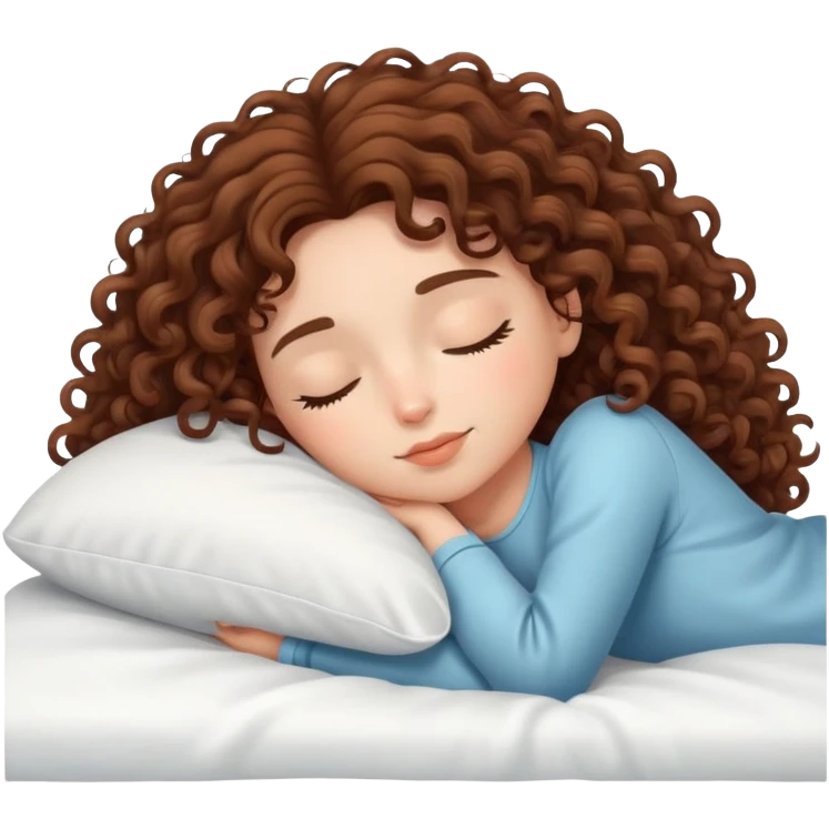 Curly girl with brown hair lying on a bed sleeping emoji