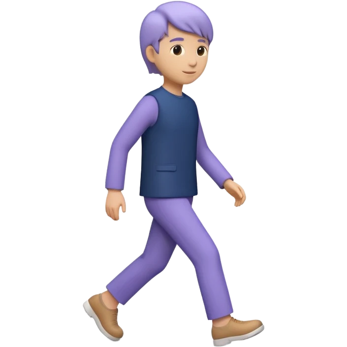 Modern premium 3D emoji icon: faceless gender-neutral person walking (mid-step), smooth rounded shapes, matte + subtle gloss, top-left studio light, soft shadow, faint motion aura (subtle curved trail) behind the body, navy outfit with lavender accent, centered, transparent background, no text emoji