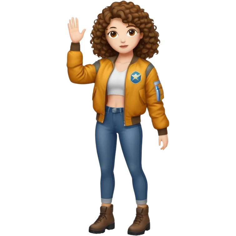 full body woman short curly brown mullet brown eyes white skin muscular build firefly bomber jacket emoji