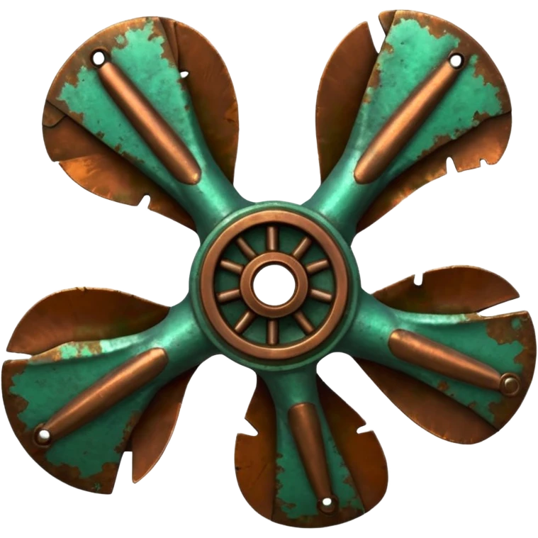 3D render of Ship Propeller, heavily oxidized copper texture, verdigris patina, Bronze blades with green barnacle/rust spots, weathered bronze aesthetic, ancient decay, emoji style, isolated on white background --v 6.0. emoji