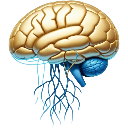 Shimmering pearlescent blue capsule floating in the foreground with an ethereal, glowing brain positioned behind it. Golden neural connections illuminate the brain. A small liver symbol nearby, all surrounded by a mystical aura of mental clarity emoji