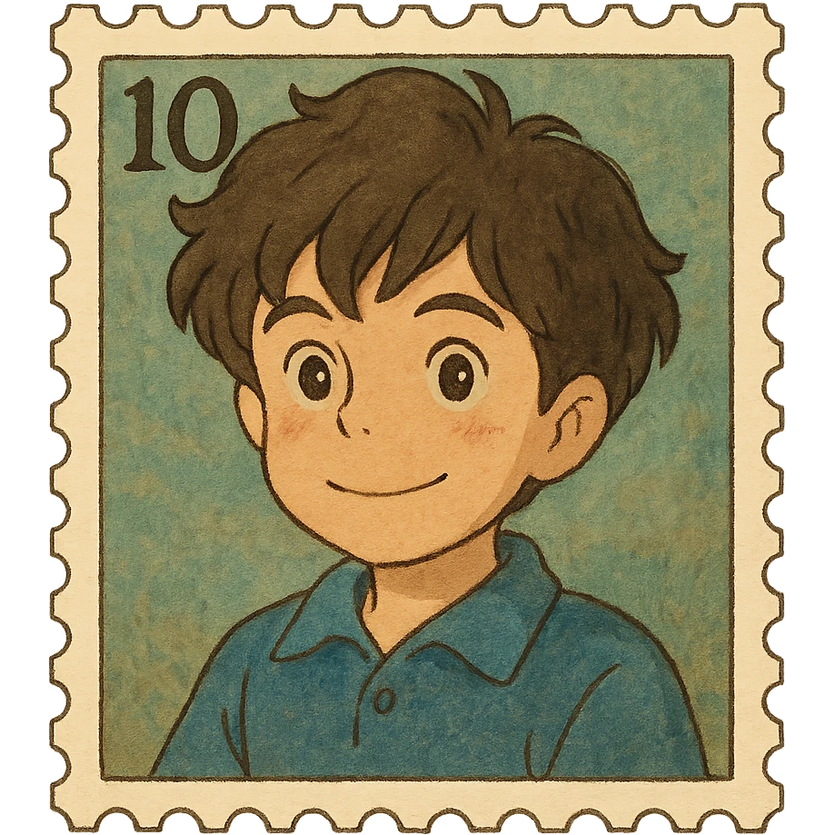 boy with slightly wavy hair designed as a letter stamp emoji