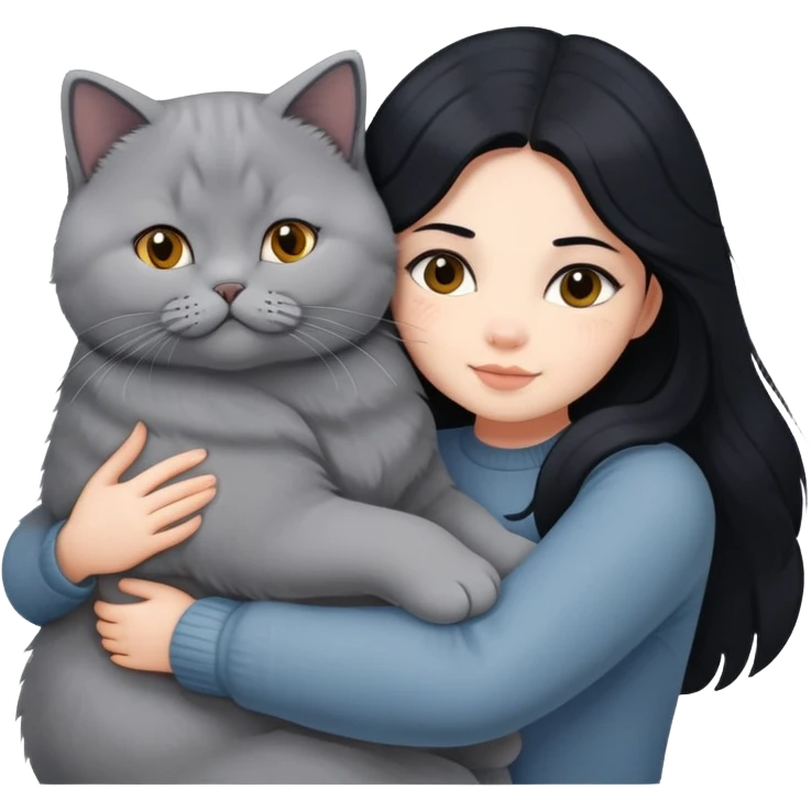 A girl with long black  hair tightly hugged a british shorthair emoji
