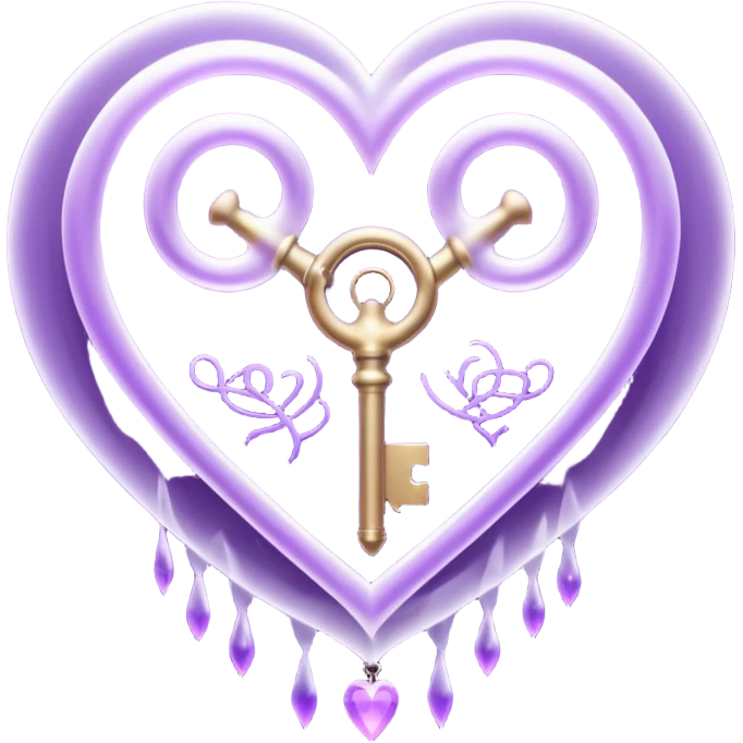 Purple ethereal occult heart floating, glowing key-like sigil at its center, veil-like mist, liminal mystical aesthetic emoji
