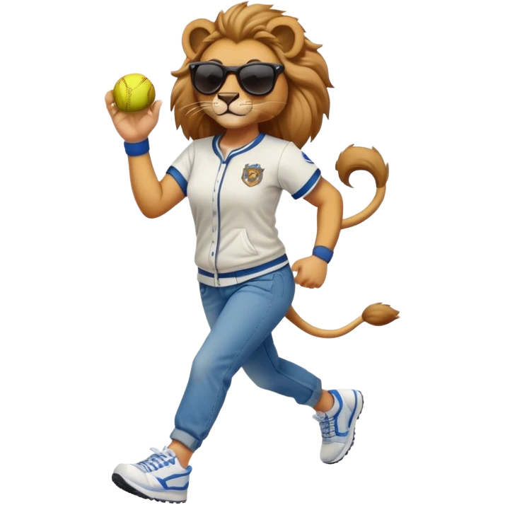 friendly anthropomorphised female lion wearing a baseball shirt, jeans, trainers, dark sunglasses, jogging upright, dominant confident expression emoji