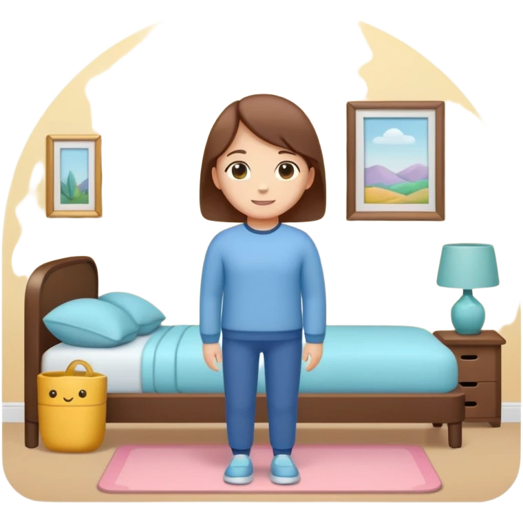 cozy clean room with neatly organized objects, simplified human character standing peacefully, feeling satisfied and calm, sense of order and balance, flat custom emoji sticker, pastel colors, rounded shapes, minimal details, thick outline, white background, no text emoji
