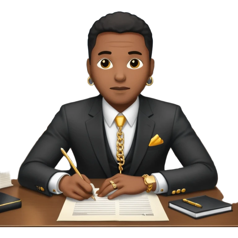 Hip hop music record company executive in office sitting at desk with contract on top of desk emoji
