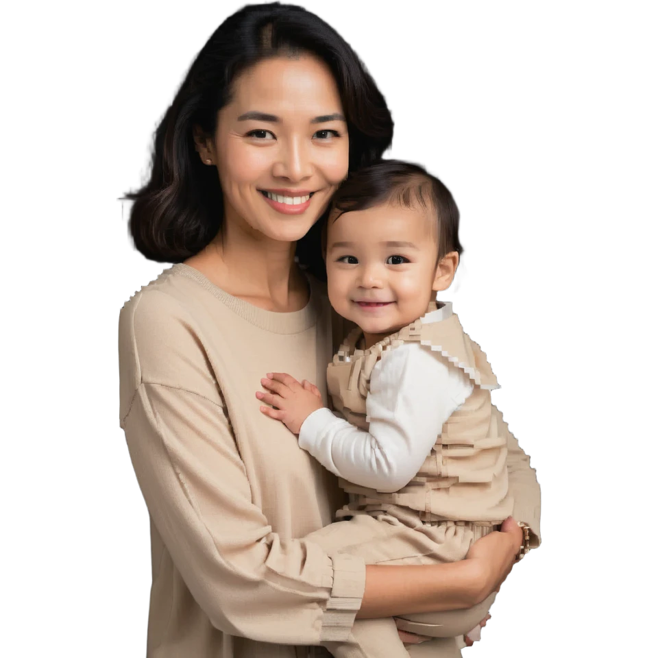 A happy mother with a child in beige clothes emoji