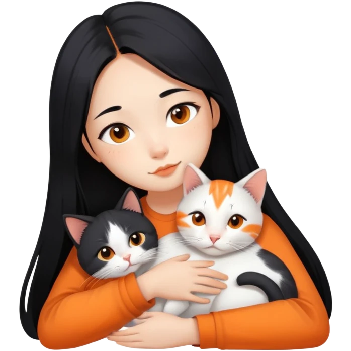 Asian girl with long black hair and the cat is lying on her shoulder, cat is mostly white with orange markings, tender moment emoji
