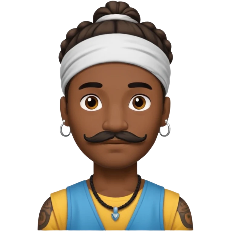 bun hair man and mustache and face tattoos very heavy and headband emoji
