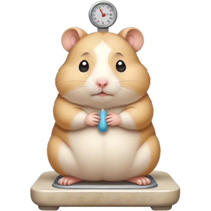 Cute chubby cartoon-style hamster standing on a bathroom scale, looking nervous with praying hands. Painterly shading, expressive eyes, white background, sticker-style illustration emoji