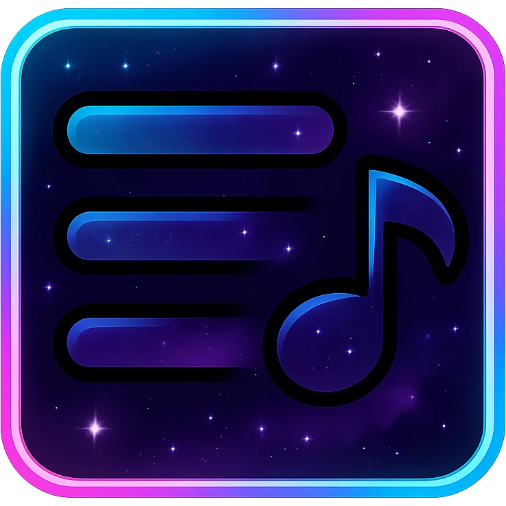 playlists icon, modern clean abstract playlist symbol with neon border and glowing effect, dark purples blues blacks base, nebula gradients, small bright stars, specular highlights, luminous look emoji
