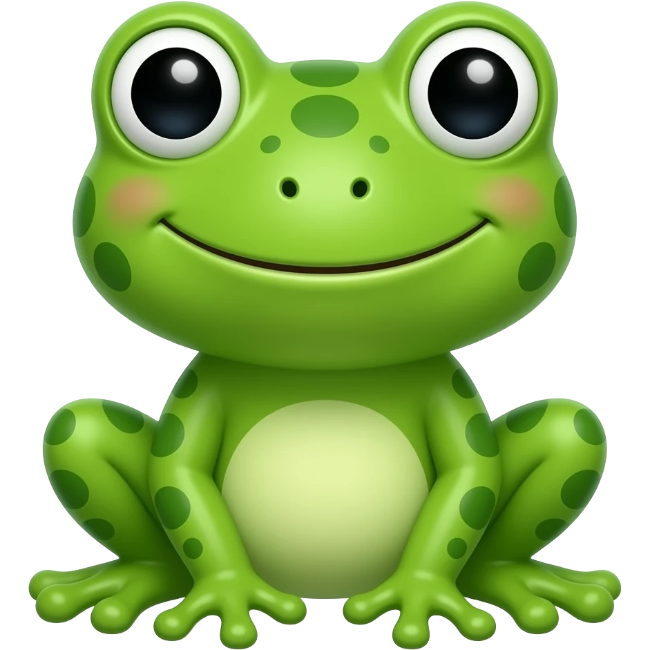 Frog & Peach Pub: 3D emoji style, glossy surface, soft shadows, white background, centered, no text, cute frog character, big expressive eyes, happy grin, bright green, no defined gender emoji