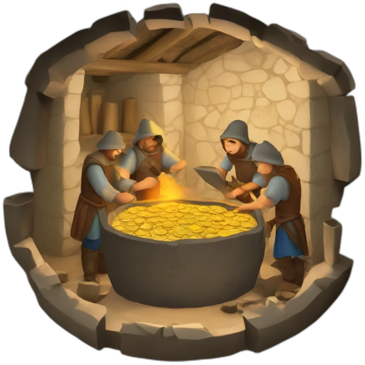 inside of a medieval mint showing different people working creating coins with a furnace emoji