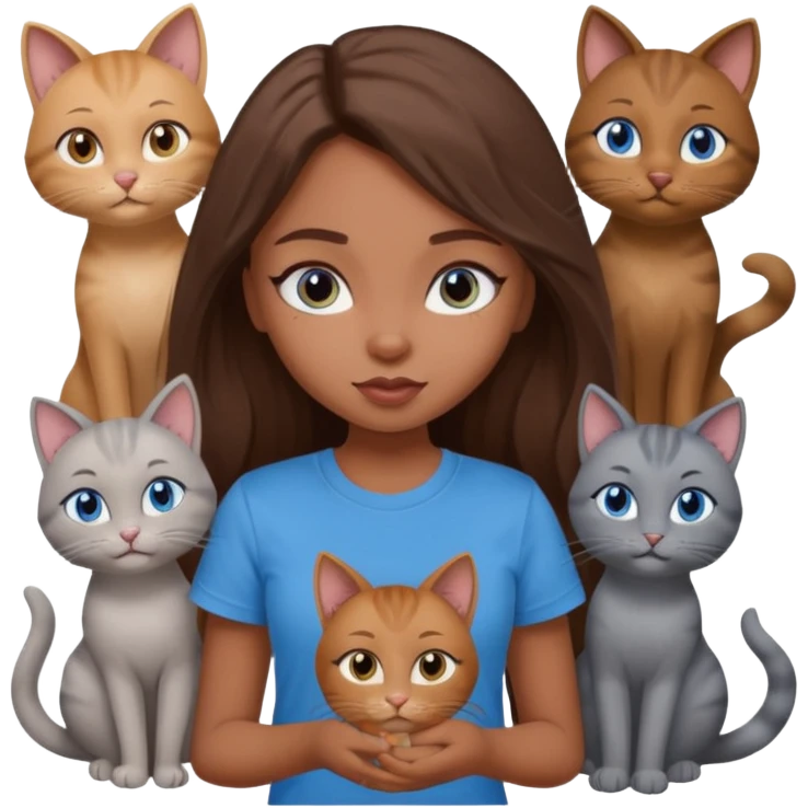 a pretty bratz dusky girl with long brown hair, blue eyes with six cats nd wearing a grey tshirt emoji