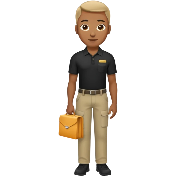 black guy with a black shirt and khaki pants wearing a name tag saying “premium wireless” emoji