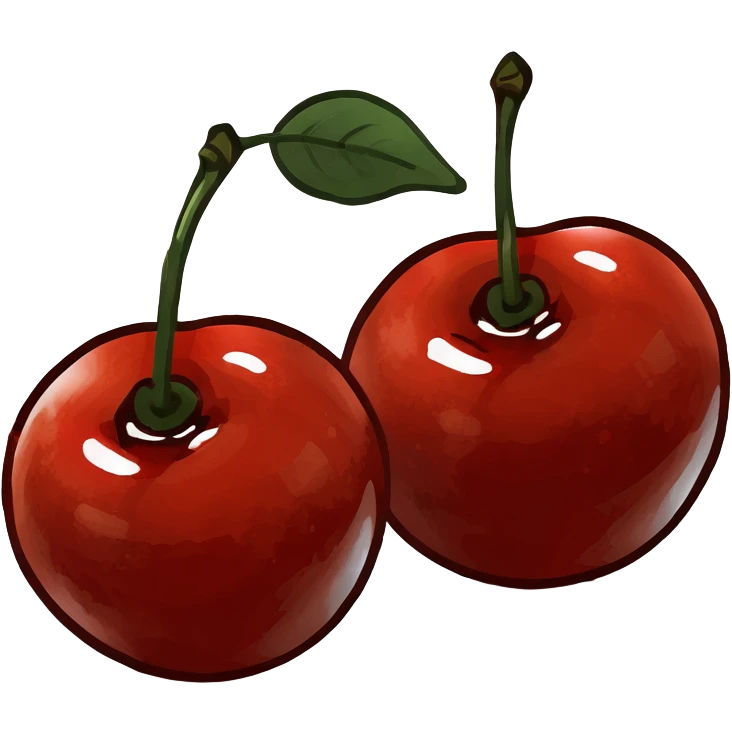 3D style two shiny red cherries hanging from a wooden branch with small green leaves emoji