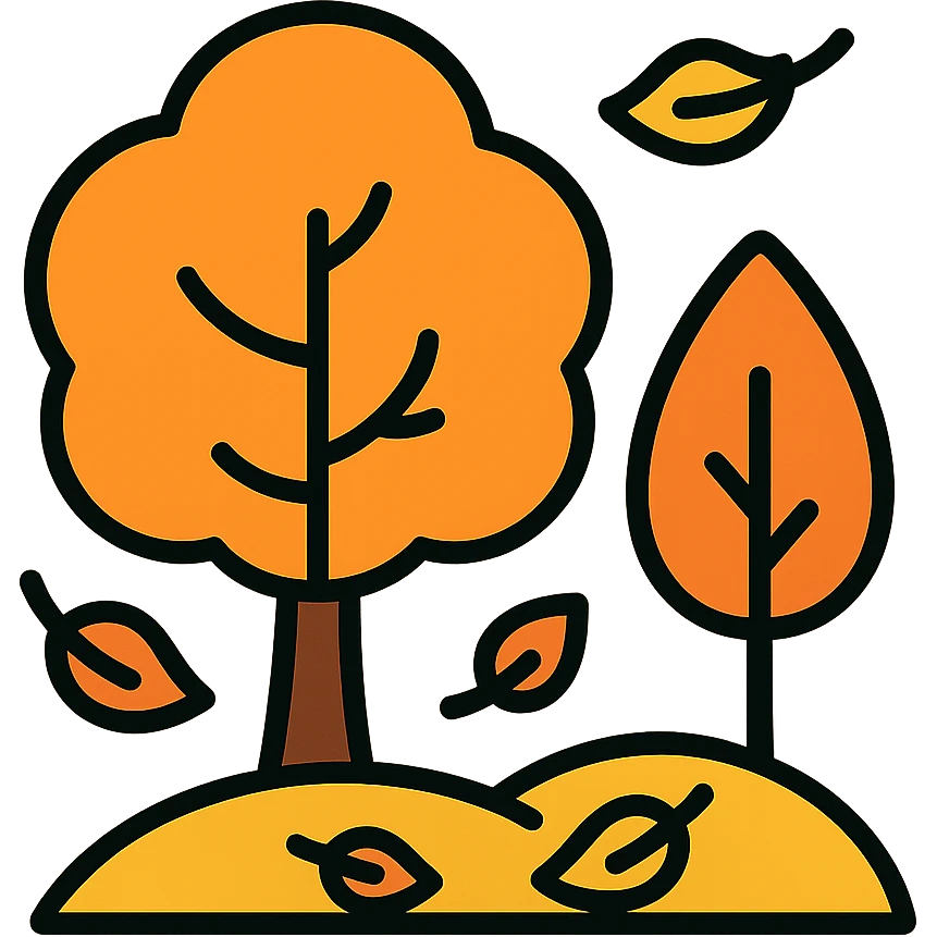 autumn fall scene with trees, orange foliage, and falling leaves emoji