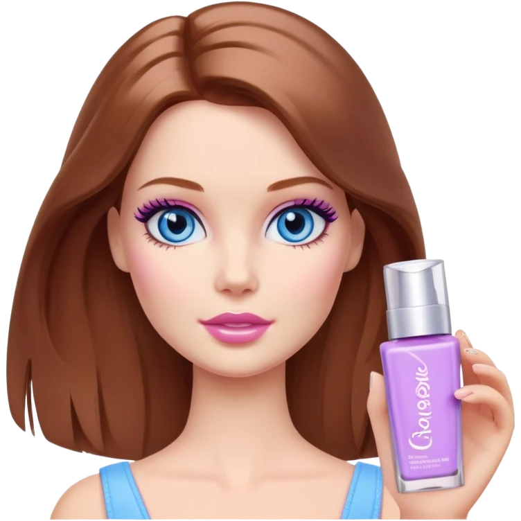 Barbie girl Chestnut Shoulder-length hair and blue eyes is In pale purple smears by hand cosmetic cream on her face emoji