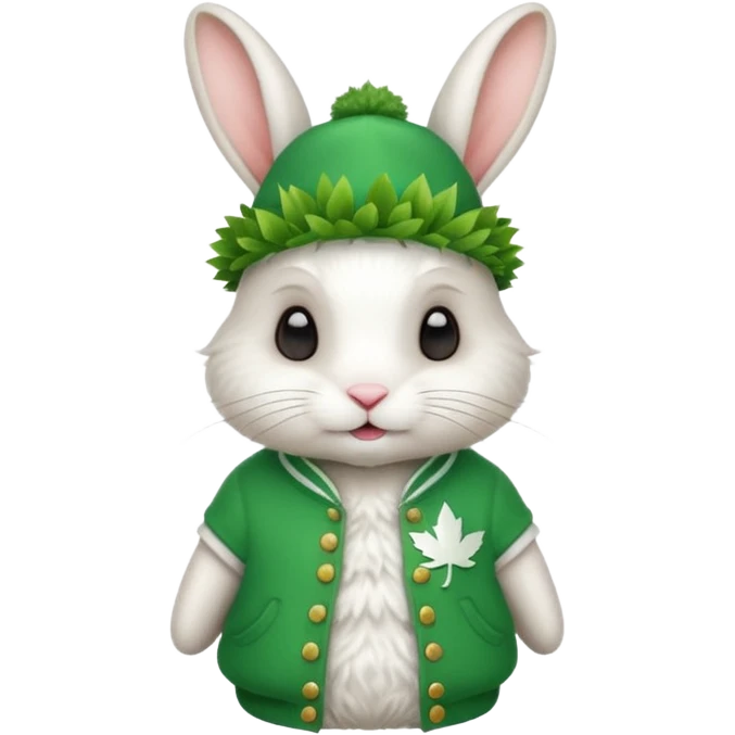 A rabbit that has a leaf hat and a green jersey emoji