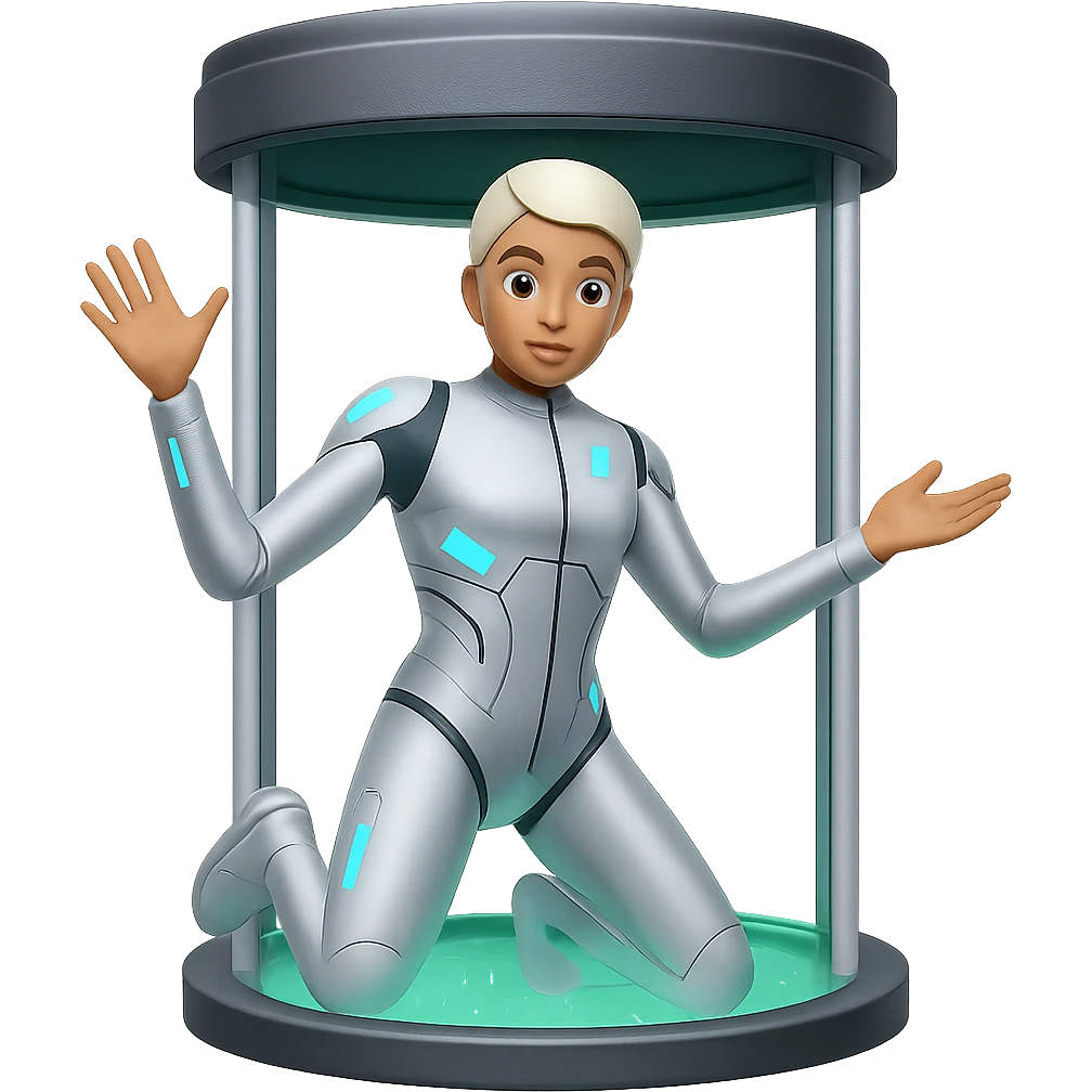 Add a teleportation machine to the person teleporting emoji in the style of emoji with transparent background. emoji