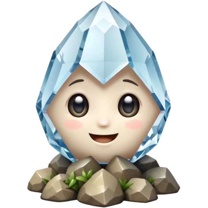 A single cute crystal rock character inspired by a clear quartz cluster, chunky round base with many tall transparent crystal spikes growing upward all around it, faceted and slightly imperfect, on the front of the base a big kawaii face with large glossy eyes and a wide happy smile emoji