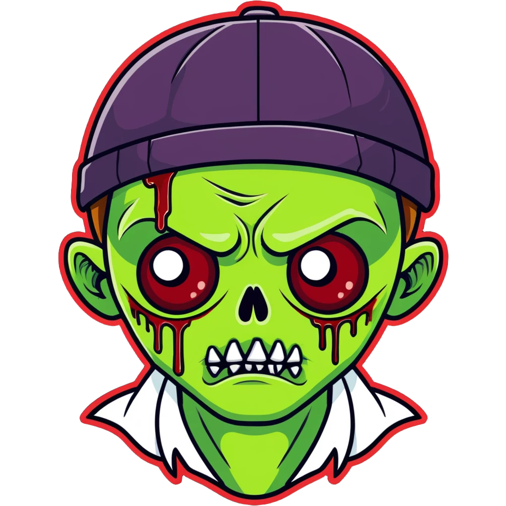 green zombie with blood on lower eyelid, wearing LA hat, white shirt, blood on mouth emoji