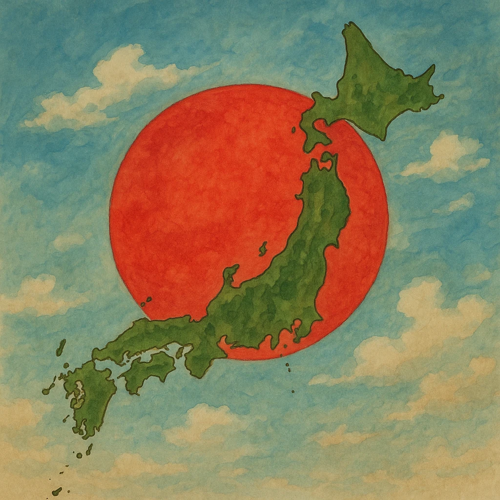 map of Japan with a red sun overlay in ghibli style emoji
