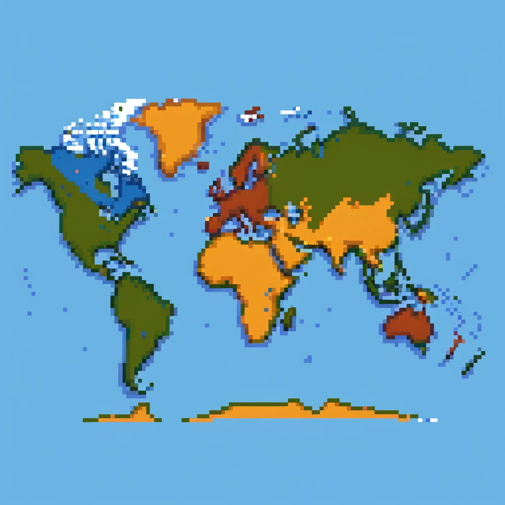pixel art world map with a dotted route line showing travel path emoji
