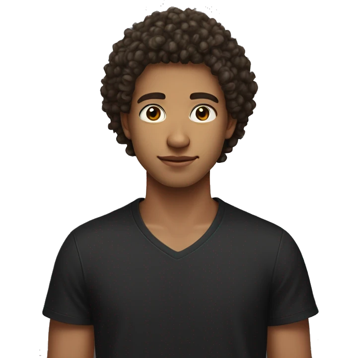 A young man with a curly haircut is seen in the image wearing a black shirt. The man appears to be around 23 years old and is identified as male. The man's curly hair adds texture to his overall appearance. emoji