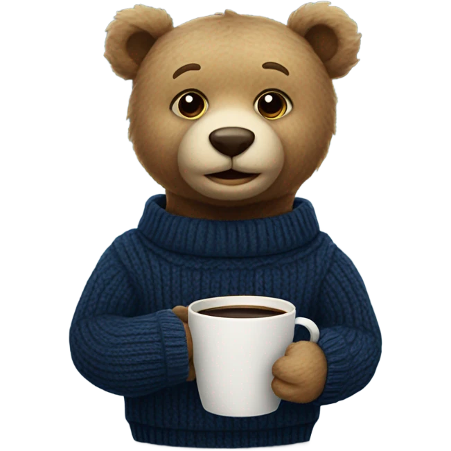 teddy bear wearing a navy sweater and holding a coffee cup emoji