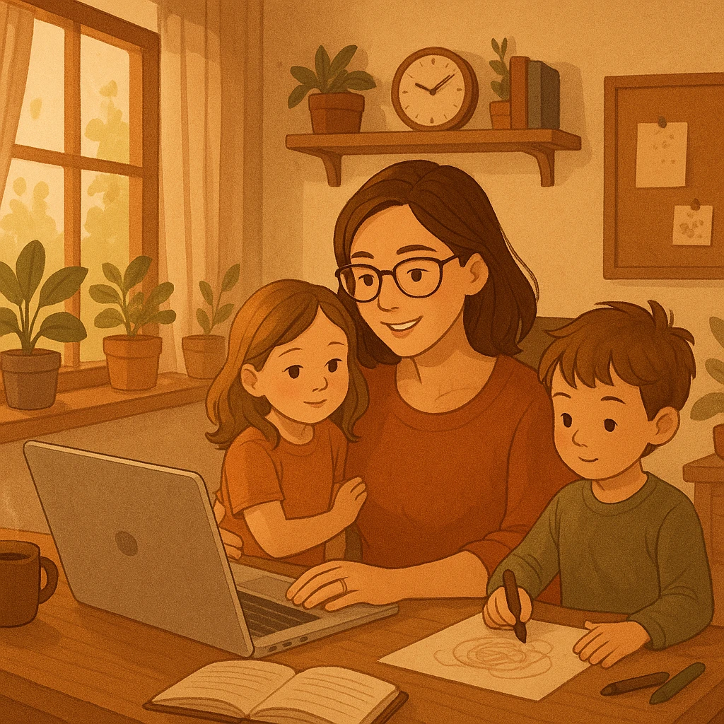 work from home mom with daughter and son, cozy home office, warm atmosphere emoji
